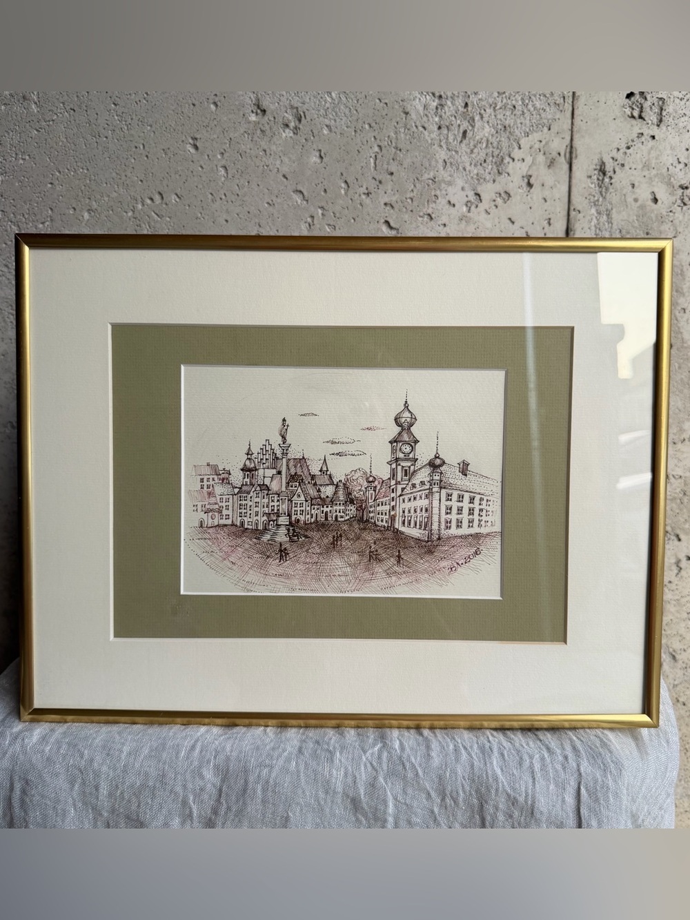 Framed Royal Castle in Warsaw Pen & Ink Sketch with Olive Mat and Gold Frame